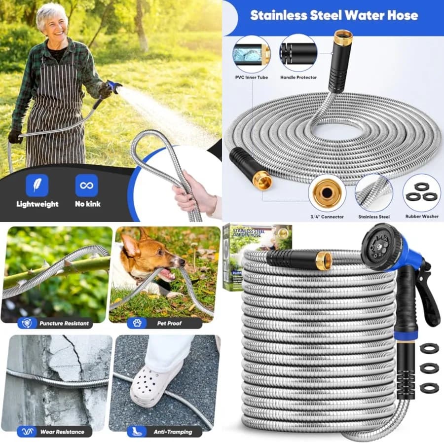 Garden Hose 100 Feet, Stainless Steel Metal Hose, Flexible Water Hose with 10 Function Nozzle, Kink Free, Leak-Proof, Heavy Dut