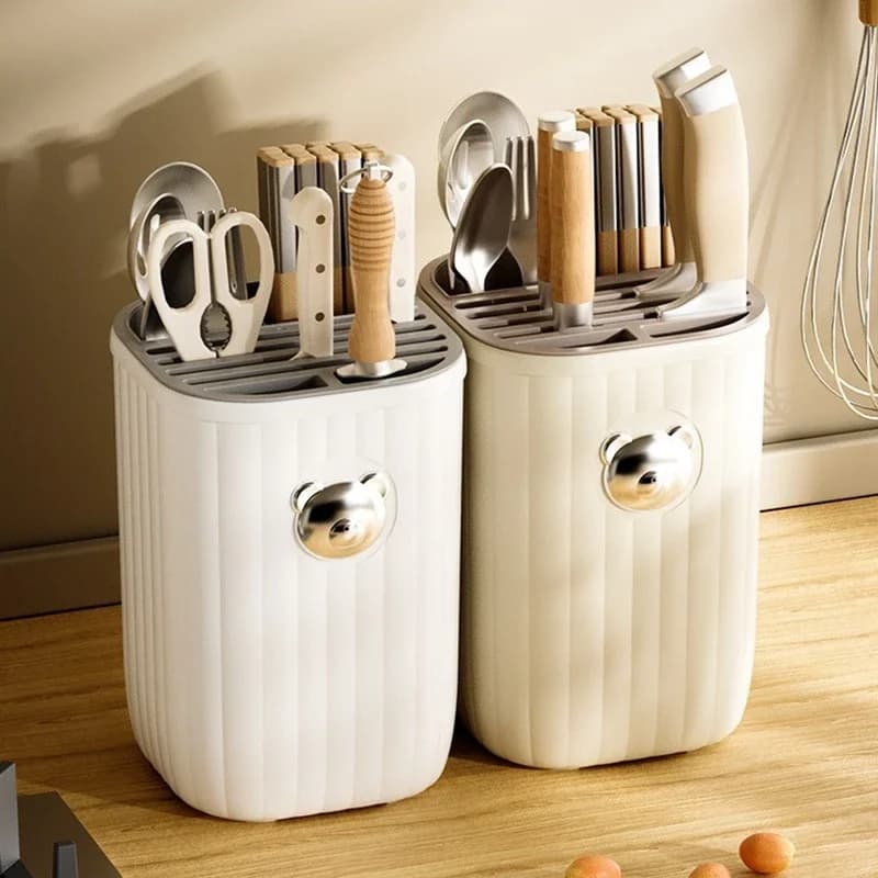 Portacoltelli Multifunzionale con Drenaggio, Organizzatore Salvaspazio per Coltelli da Cucina per Piano di Lavoro