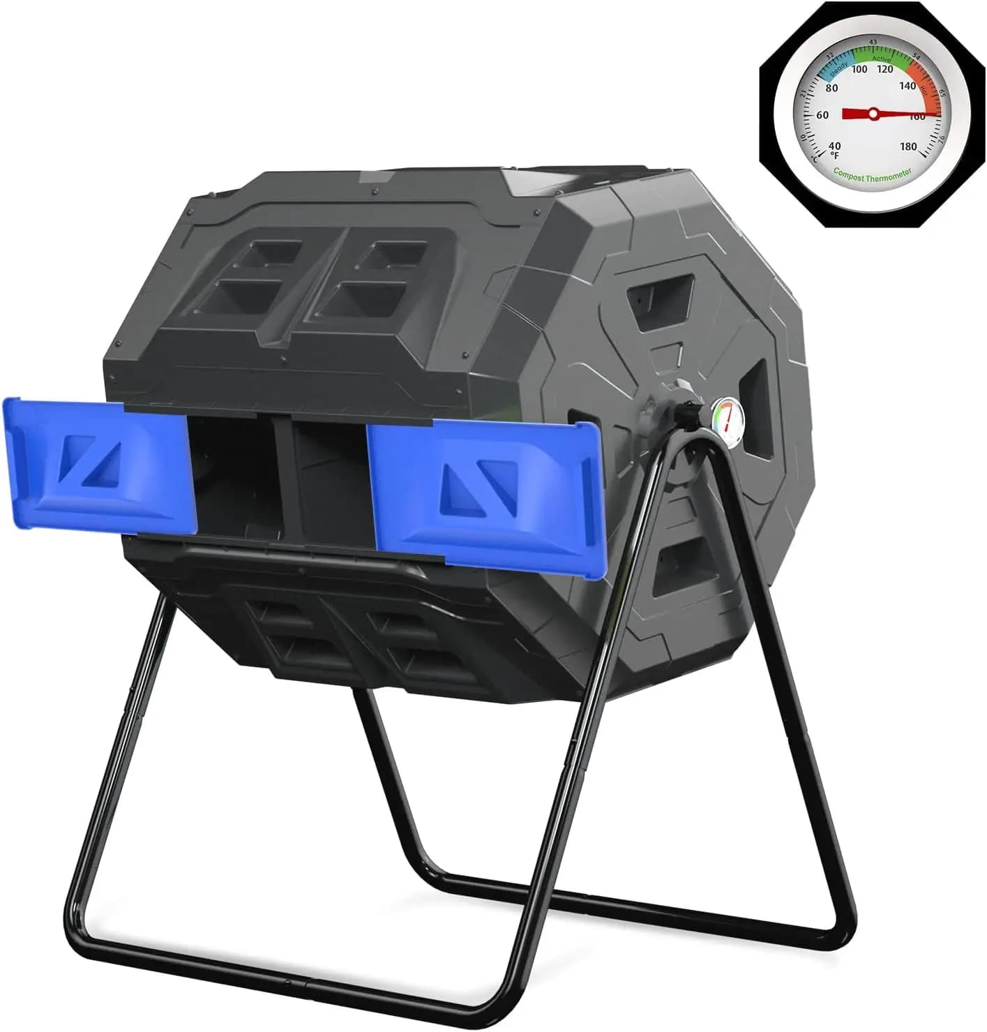 Compostiera Rotante Grande con Termometro - Composter da Esterno da 165 Litri, Doppia Camera, Struttura in Acciaio Robusta