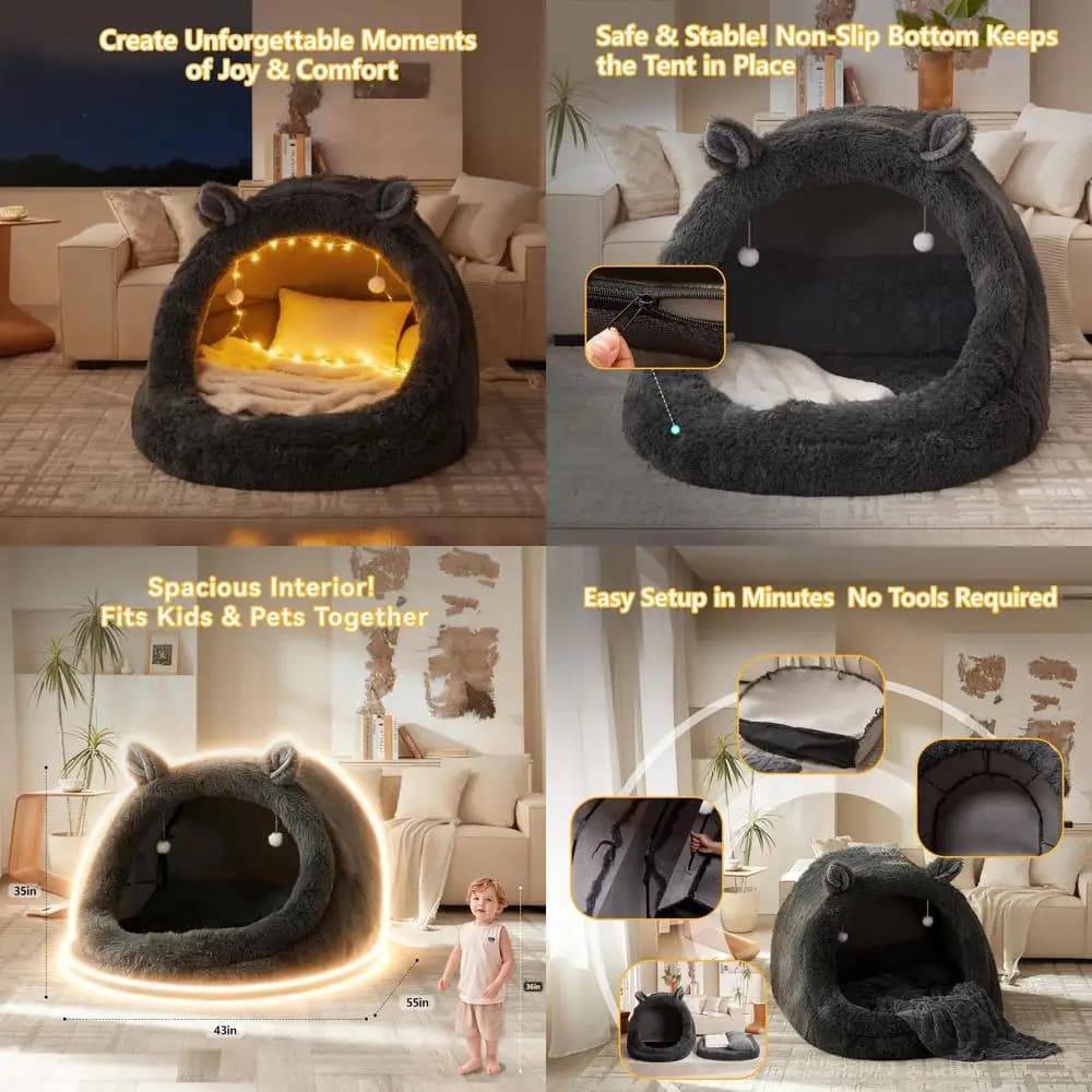Letto per animali domestici con baldacchino soffice grigio extra large 55x43x35 per cani, gatti e esseri umani, cuscino e coperta rimovibili, lavabile in lavatrice, simpatico Bunn