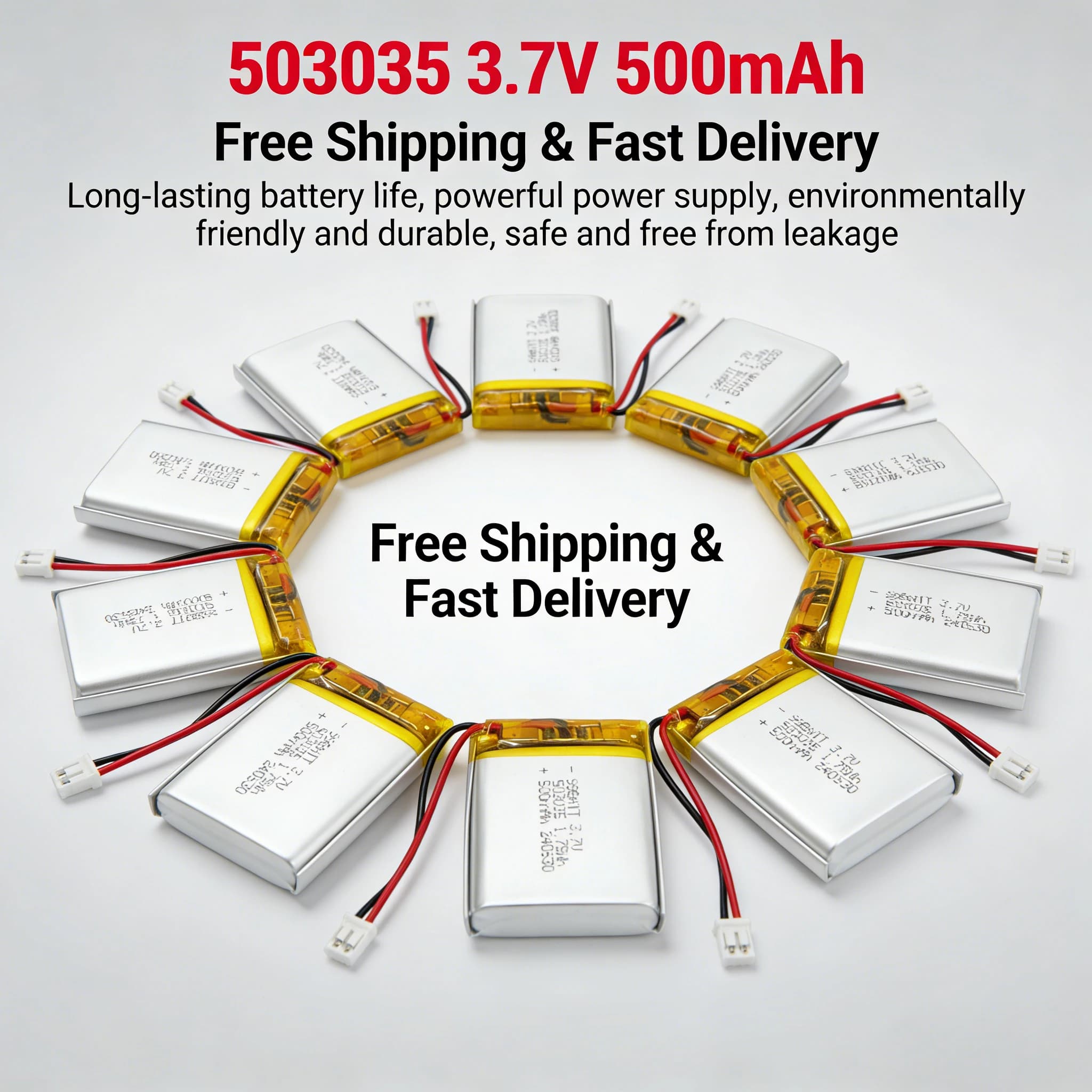 10 Pieces Lipo 3.7V 500mAh 503035 Battery for Bluetooth Speaker, Dash Cam, GPS, Driving Recorder, Battery Pack Rechargeable to Lithium Polymers