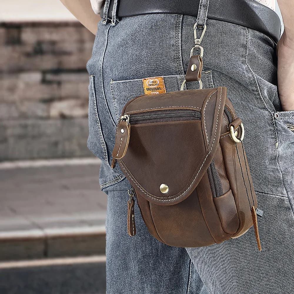 Men's Top-Grain Leather Crossbody Bag - Vintage Multifunctional Phone Pouch Waist Pack with Detachable Shoulder Strap & Belt Loo
