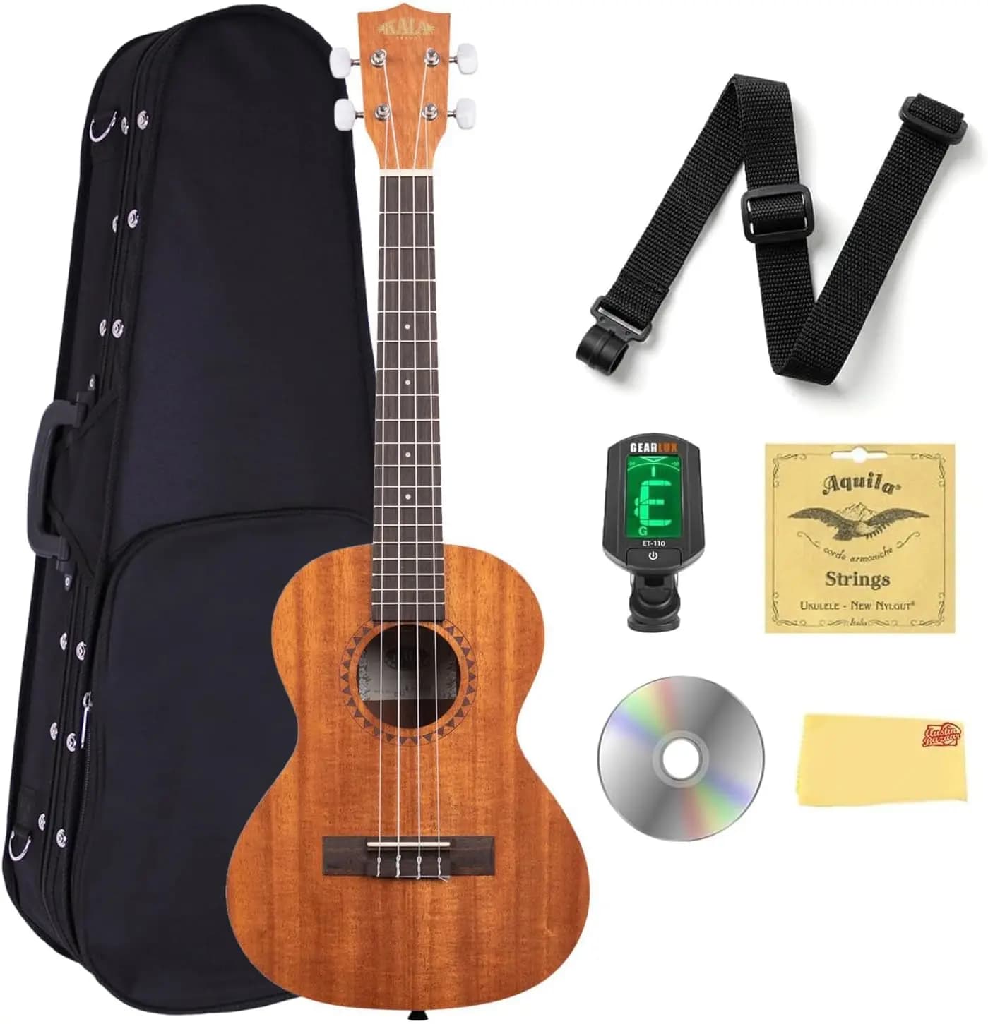 Tenor Ukulele Bundle with Satin Mahogany Finish - Includes Hard Case, Tuner, Strap, Extra Strings, Instructional DVD, and Polishing Cloth