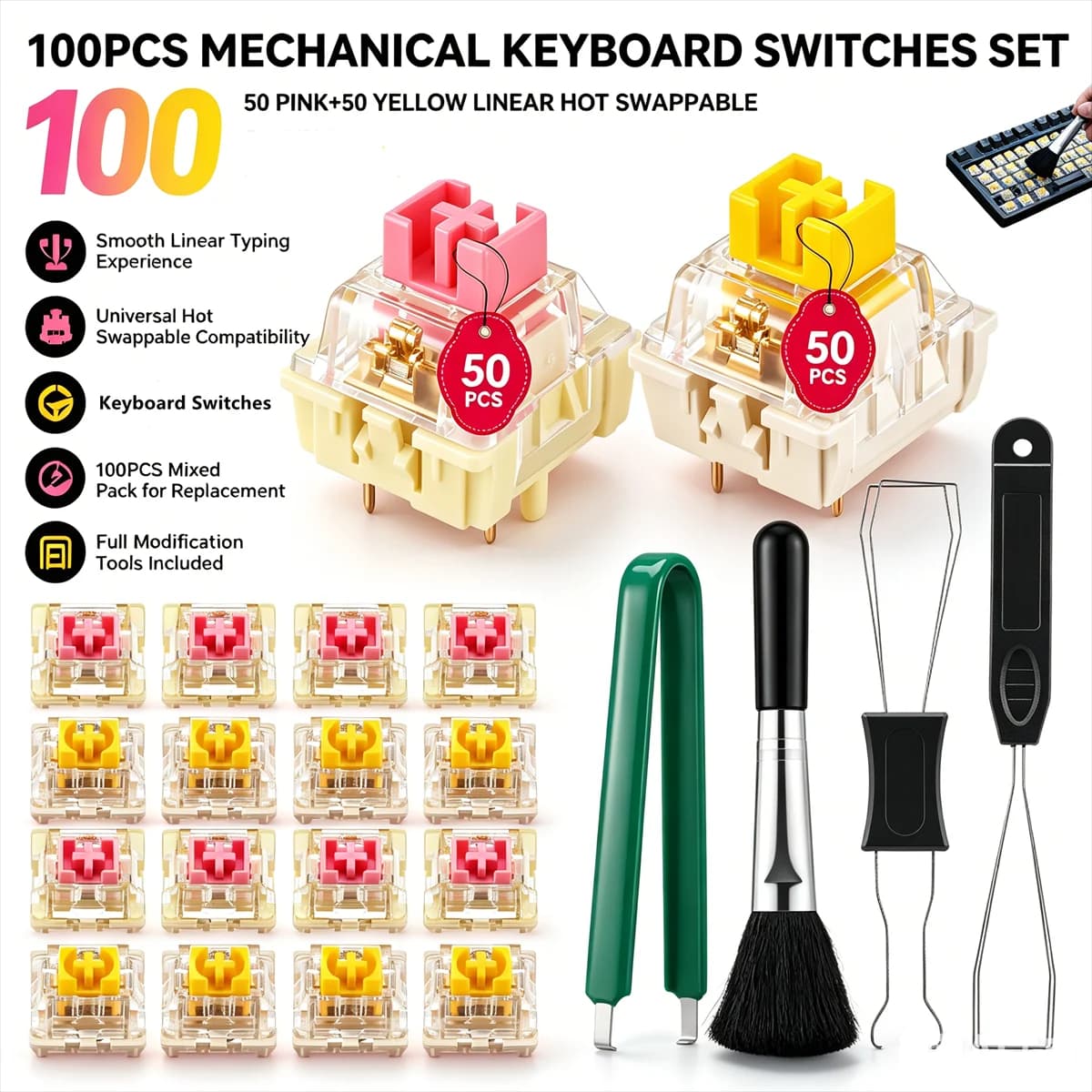 100Pcs Switch for Keyboard 3/5Pin Dustproof Linear Tactile Clicky Silent Switches for MX Mechanical Keyboards Gaming Switch DIY