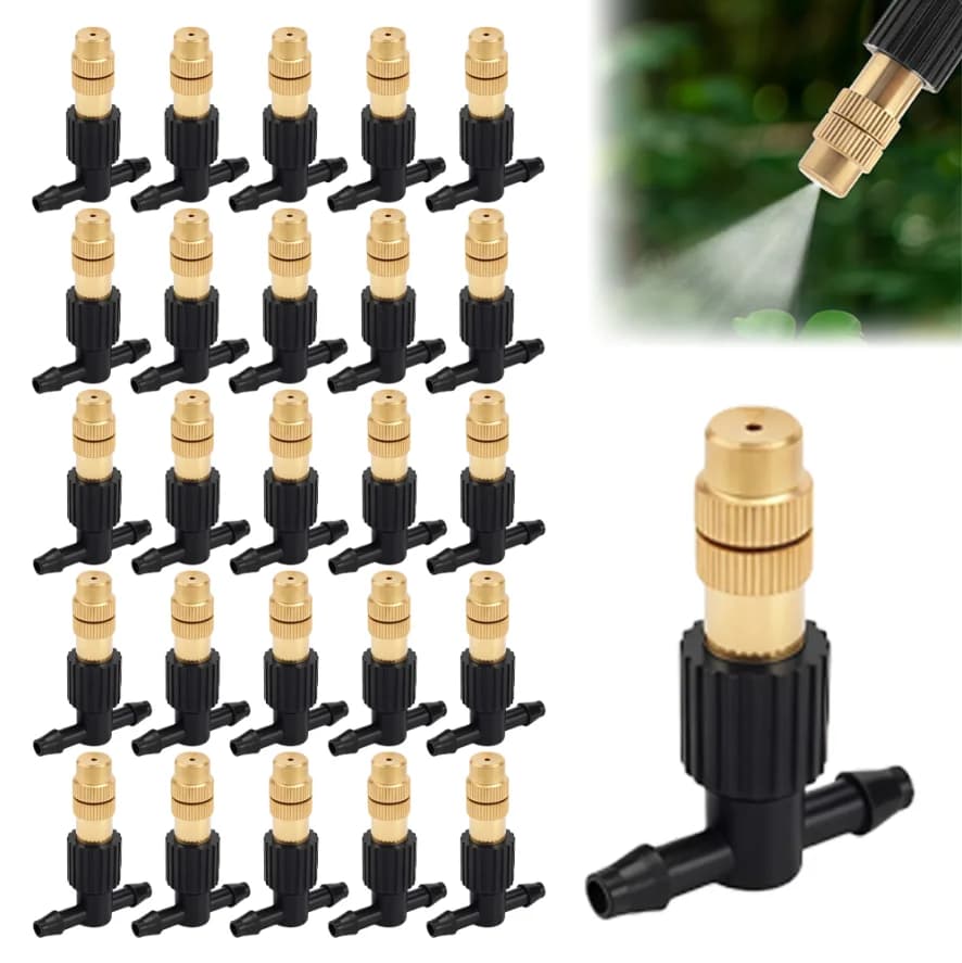 10-100 Pieces Spray Nozzles Adjustable Brass 4/7mm for Nebulization irrigation with 1/4” T connection for Garden, Serra and Prato