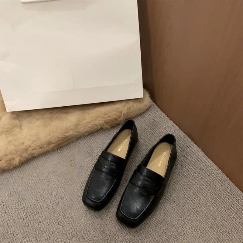 Women Faux Leather Penny Loafer Flats, Square Toe Slip‑On Casual Office Dress Shoes