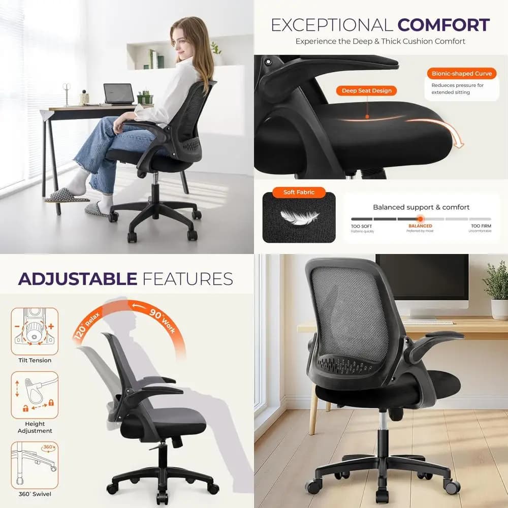 Sedia da gioco ergonomica girevole con altezza regolabile, supporto lombare, braccioli ribaltabili e schienale in rete per casa/ufficio (nero)