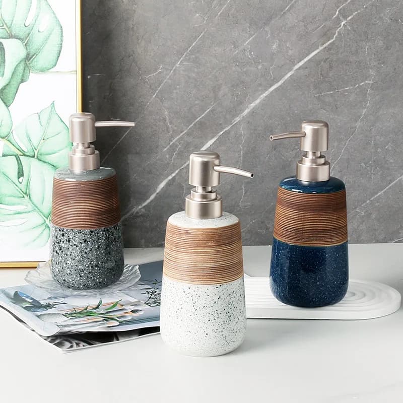 Dispenser di Sapone in Ceramica Stile Nordico con Pompa in Acciaio Inox, Bottiglia Ricaricabile per Lozione Liquida per Bagno e Cucina