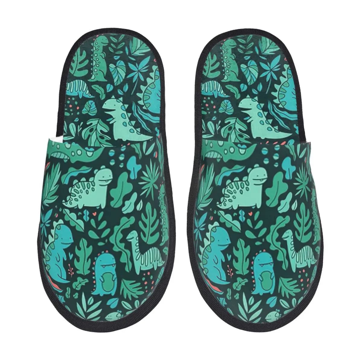 Custom Home Slippers with Dinosaurs and Tropical Leaves in Morbida Schiuma Memory, Warm and Anti-slip for Women