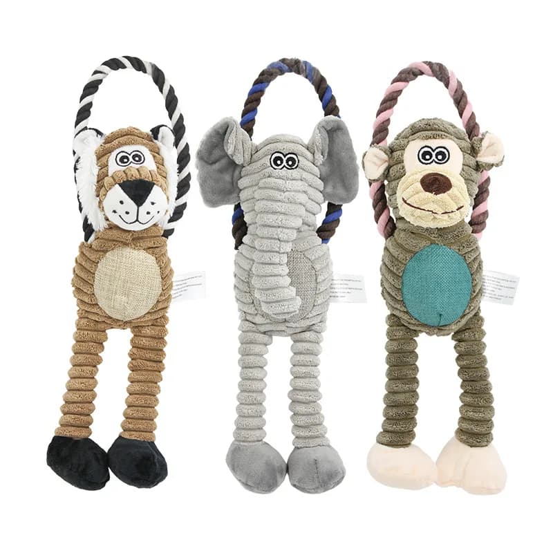 Pet Plush Interactive Toy Monkey Lion Elephant Nylon Cotton Rope Pull Ring Bite Resistant Squeaking Grinding Pet Toys Supplies