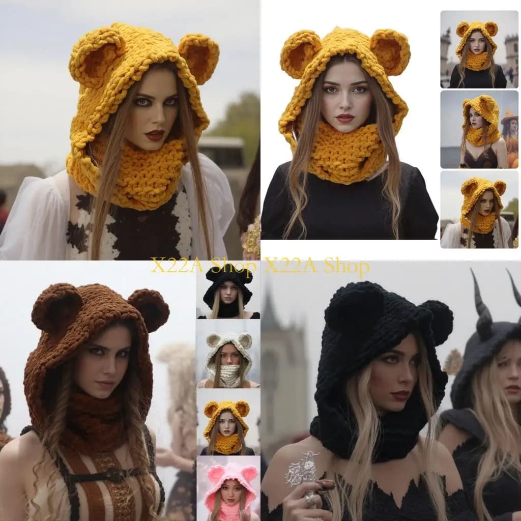 Unique Face Cover Protective Winter Hat Bear Ear Design Stretchable Knitted Scarf Hat for Women Teens Daily Outdoor Activity