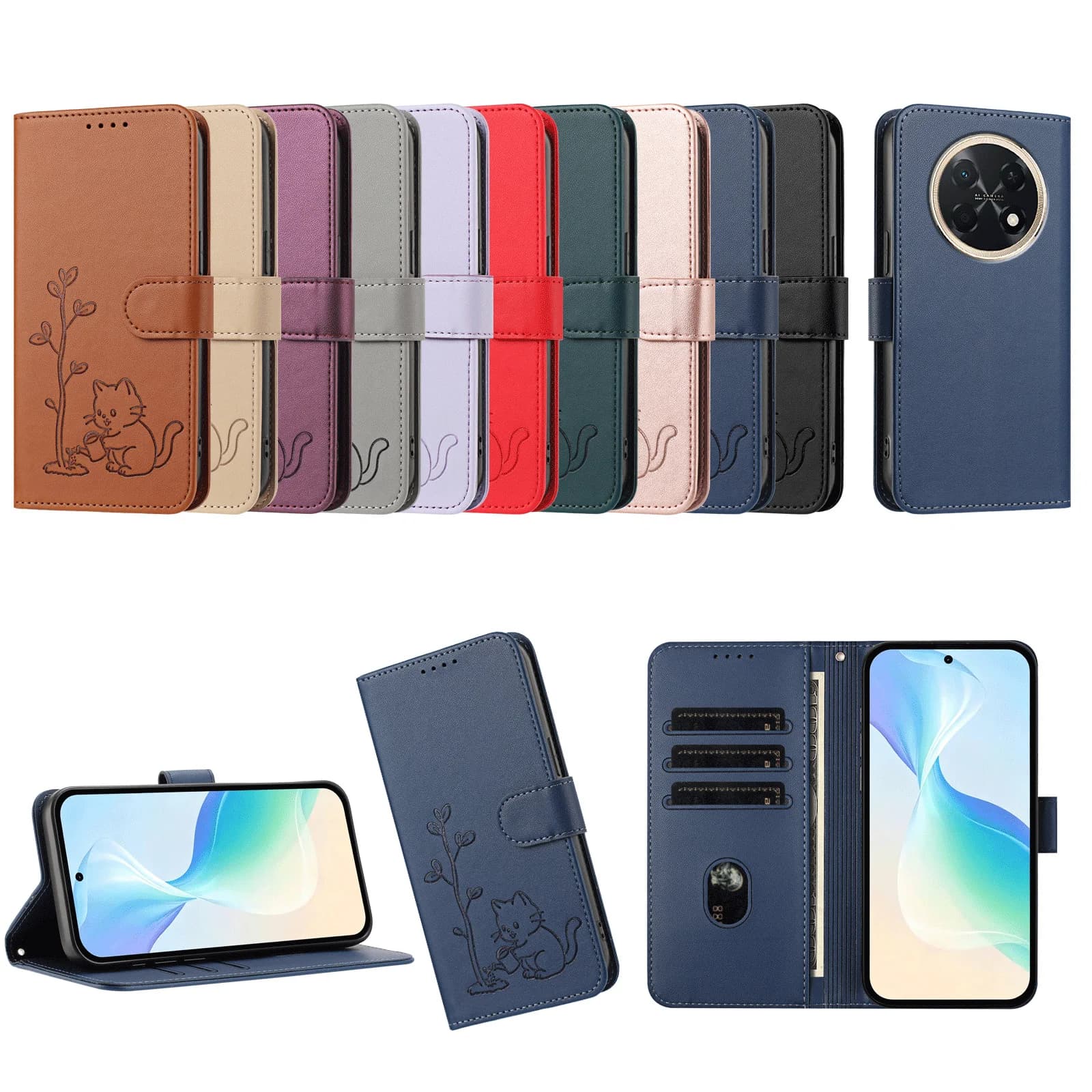 Cute Cat Tree Wallet Leather Case For Huawei Pura 90 80 70 Pro Plus 90 Pro Max 80 Ultra P60 P50 P40 Pro Magnetic Case Flip Cover