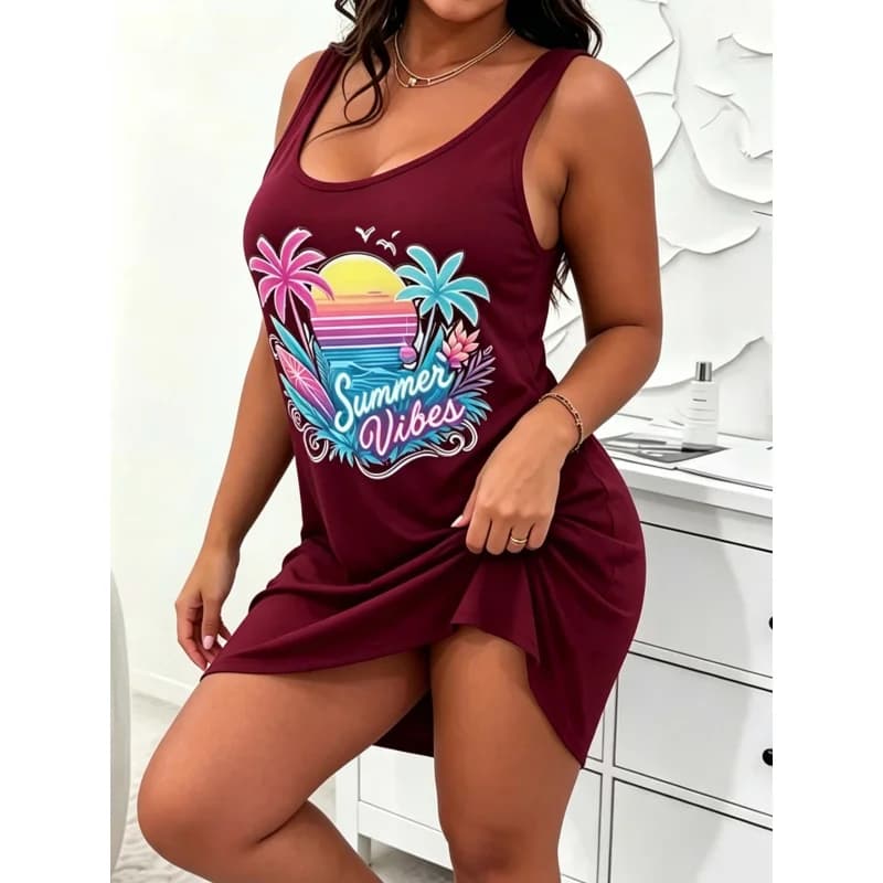 Women's Plus-Size Summer Dress, Tropical Beach Print Summer Dress, Lightweight and Machine Washable, Made of Comfortable Fabric