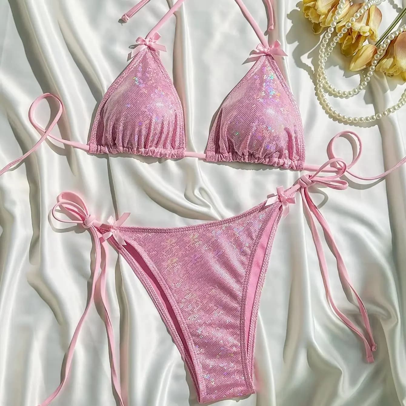 DEKA Shiny Bikini Set Triangle Bandage Swimsuit Women Swimwear Summer Biquini Beachwear Long String Bow Swimsuit Beachwear Suits