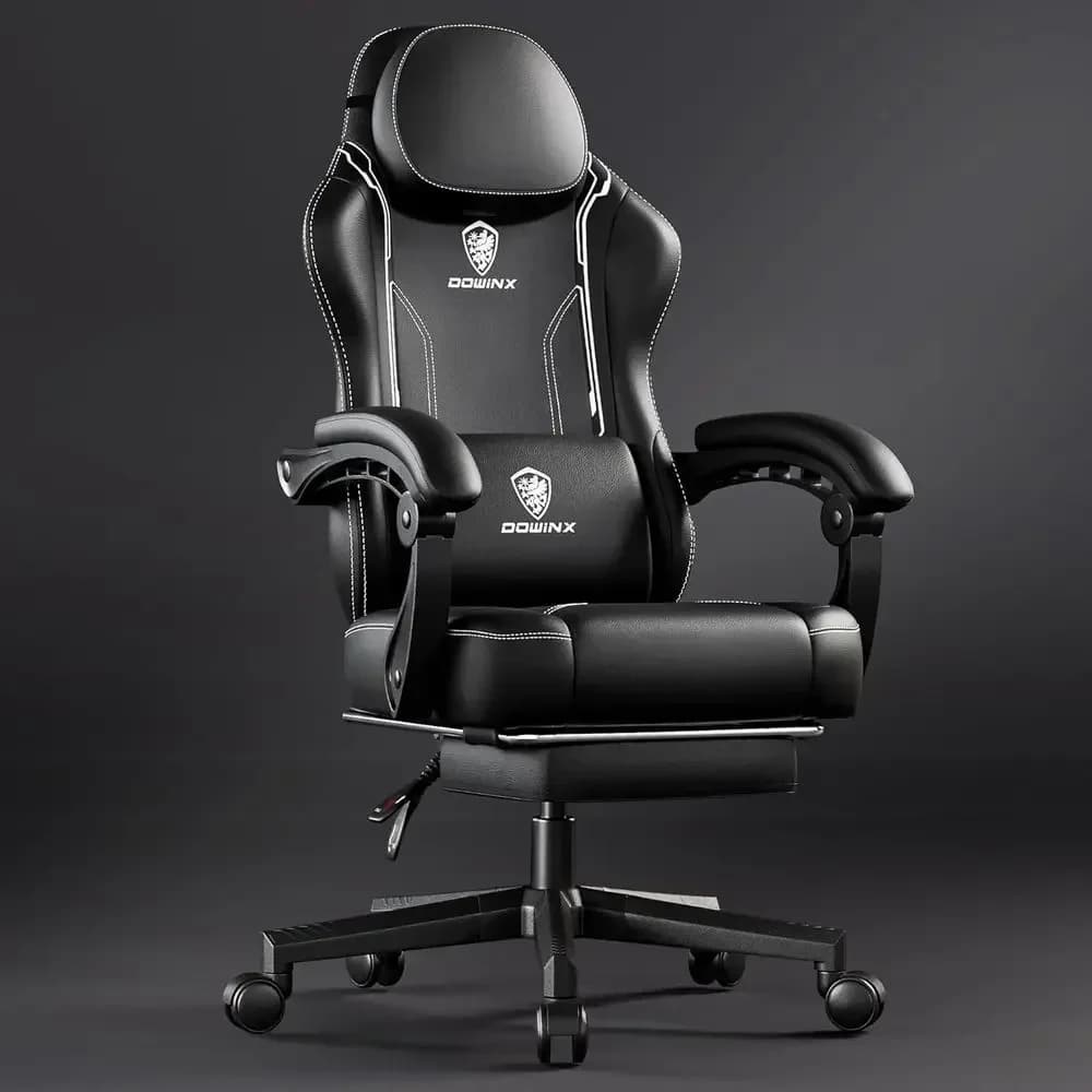 Sedia da gaming ergonomica con schienale alto, supporto lombare con massaggio e poggiapiedi, nera