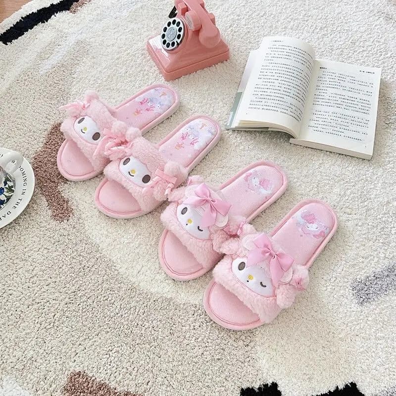 2026 Sanrio Cute Anime Fish Mouth Plush Slippers My Melody Open Toe Home Floor Non Slip Lightweight Kawaii Cartoon Toys