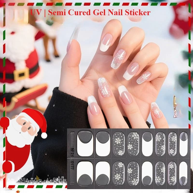 Nuovo adesivo per manicure in gel natalizio Fiocco di neve francese La luce per manicure natalizia diventa adesivo per unghie semicurato UV duro