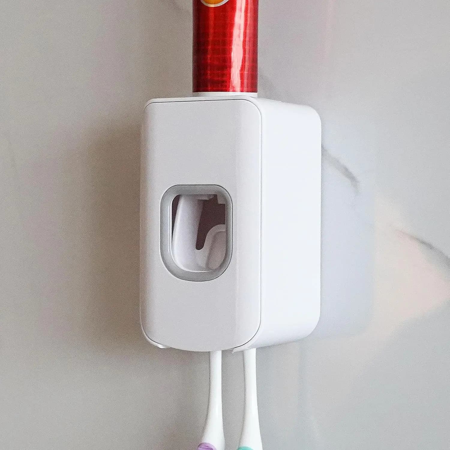 Portaspazzolino e Dispenser di Dentifricio 2 in 1 da Parete, Spremitore Automatico di Dentifricio per Organizzazione Bagno (Bianco)