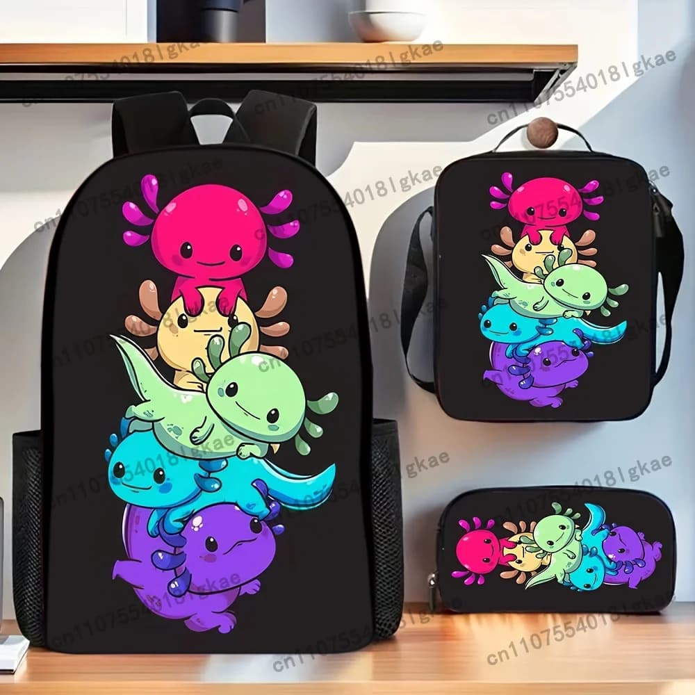 Axolotl Backpack Set - 3pcs, Including Backpack, Lunch Box, Pencil Case, Featuring Colorful Axolotl Design, Lightweight, Foldabl