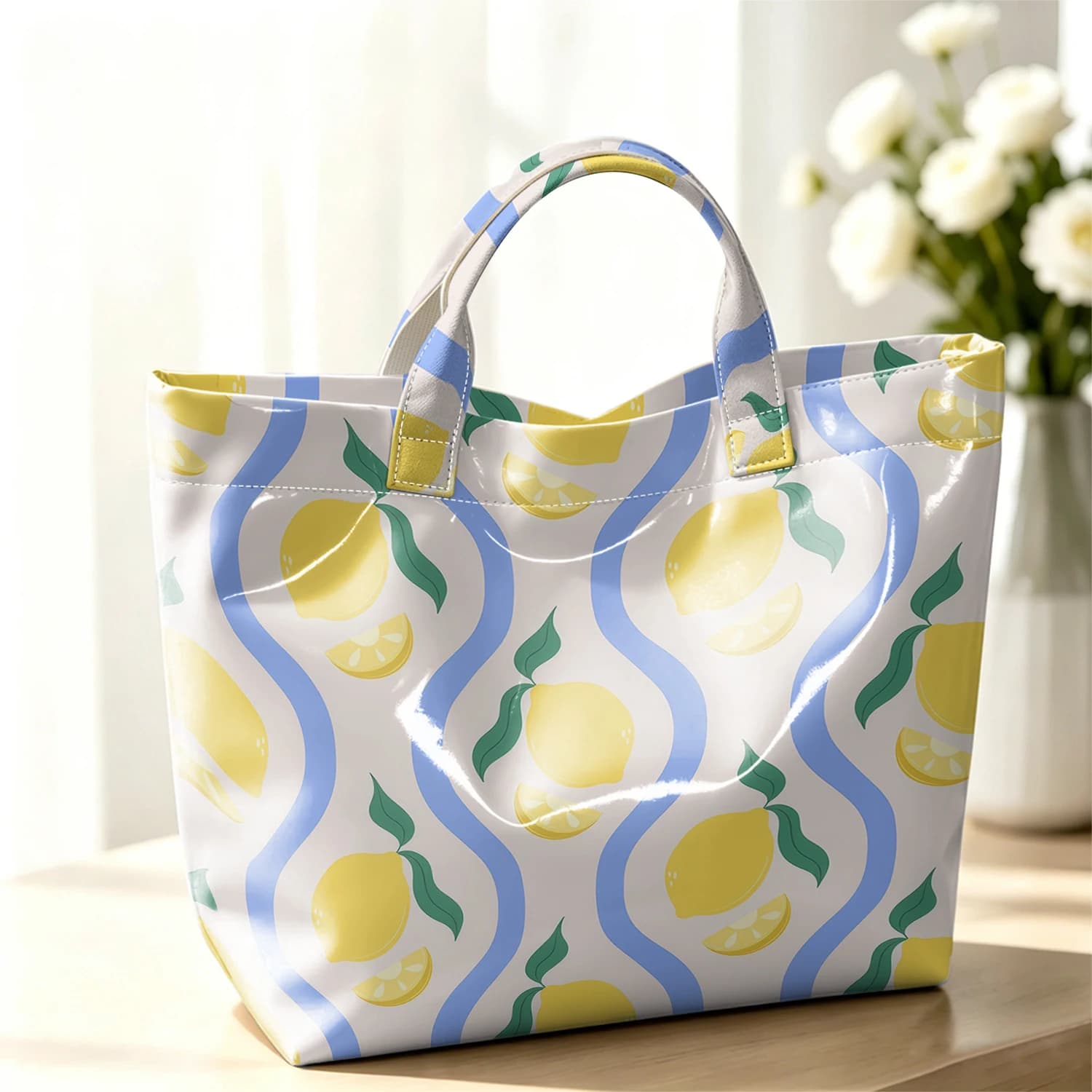 Wavy Lemon Vertical Tile Stylish Large Glossy PVC Tote Bag Washable Waterproof Durable Ideal for Travel Cosmetics Books Handbags