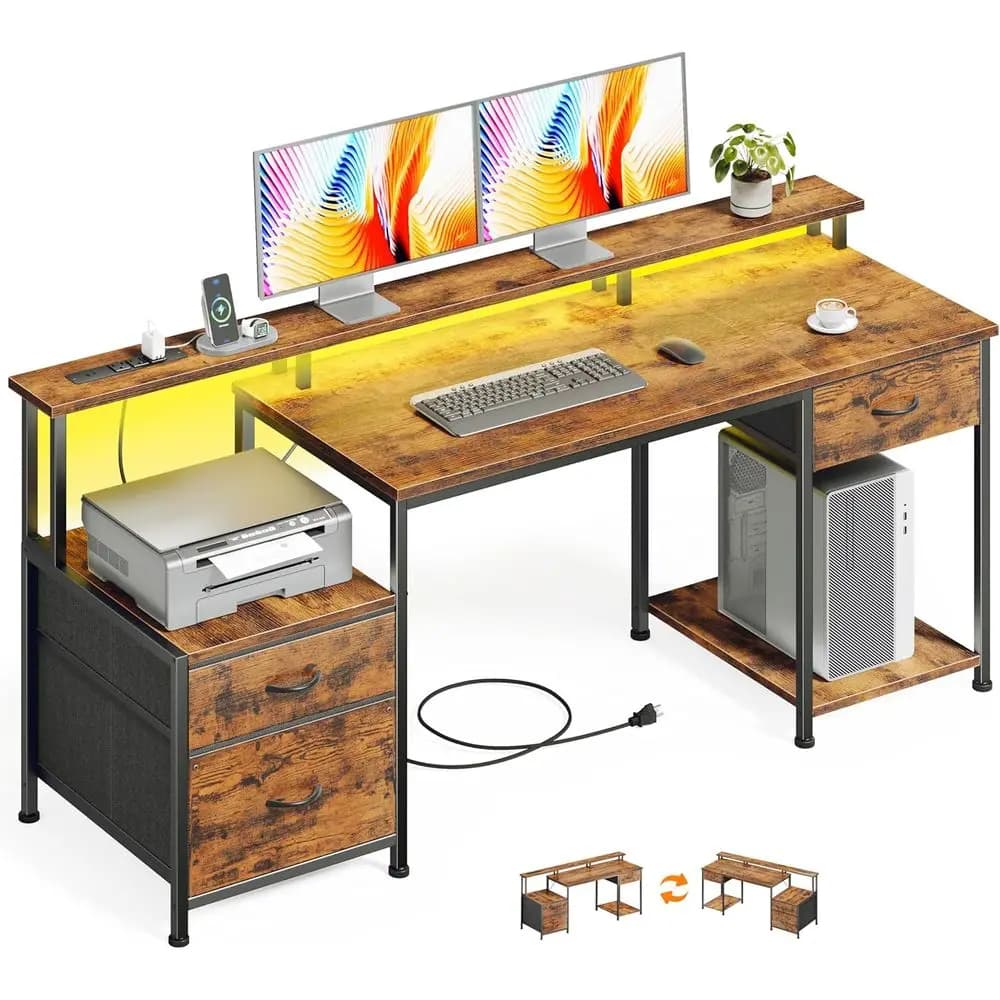 55" Computer Desk with LED Lights & Power Outlets, Reversible Home Oice Desk with ile abric Ders, Printer Space, Monitor Stand o
