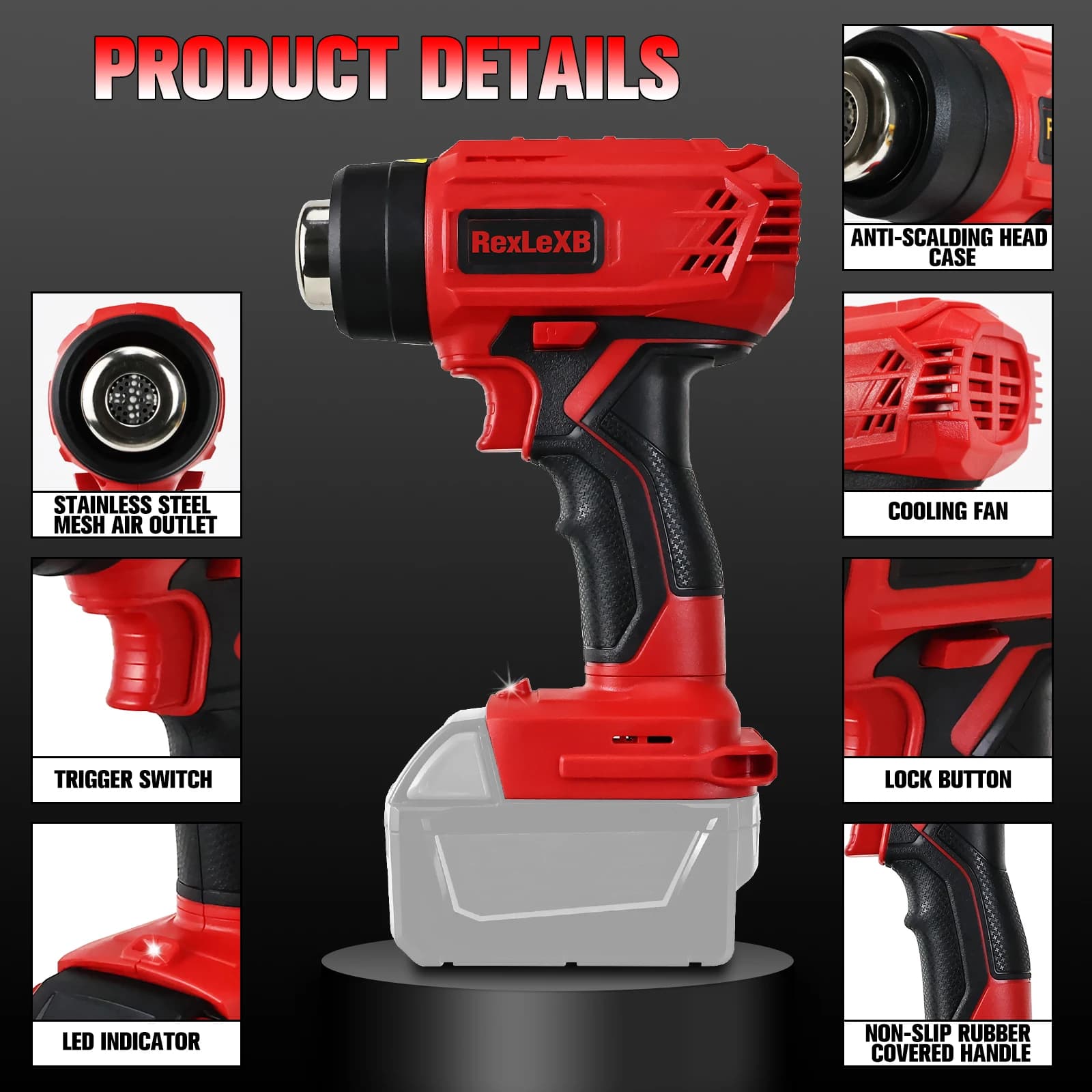 500 ℃ Pistola Termica Portatile Senza Fili 400W, Riscaldamento Rapido, Ricaricabile, Temperatura Regolabile, Compatibile con Batteria Milwaukee 18V