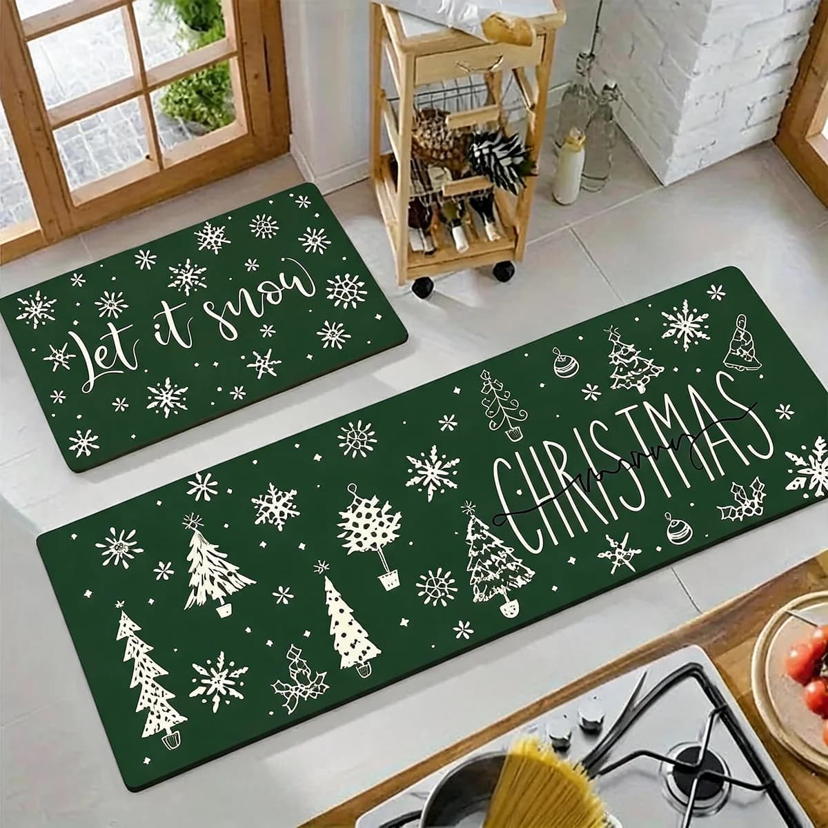 Christmas Kitchen Floor Mat with Winter Forest Print Square Plush Flannel Rug Non Slip Soft Absorbent Carpet