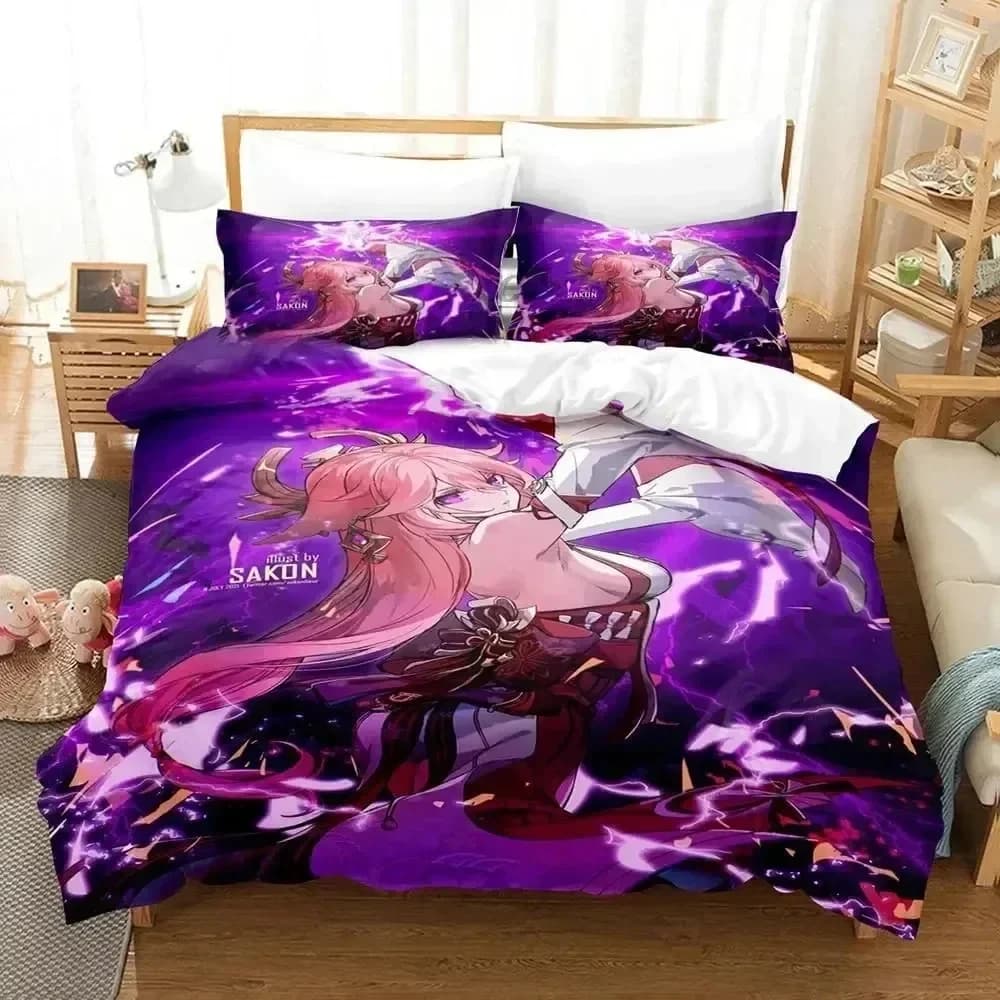 Di lusso Nuovo 3D Stampa Anime Genshin Impact Yae Miko Gioco Set di biancheria da letto Copripiumino Set copripiumino Federa Queen Ragazzi Adulti