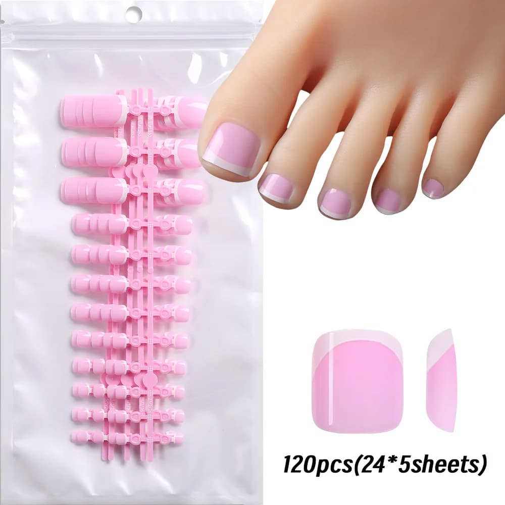 120 pieces of short square pink fingernails, french, soft gel, with white edge, fake nails with total cover.
