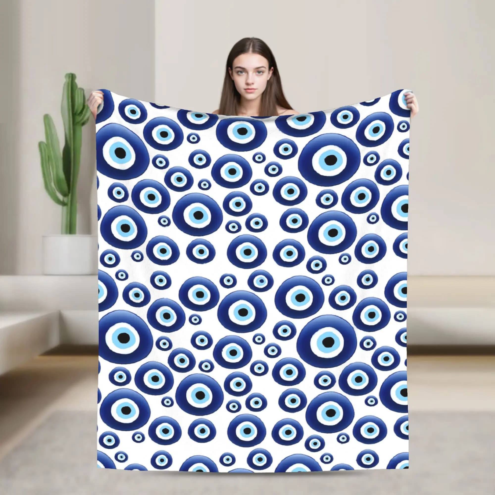 Cover in blue flannel with Mediterranean charm, super hot blanket for living room, decorative bedspread for sofa bed