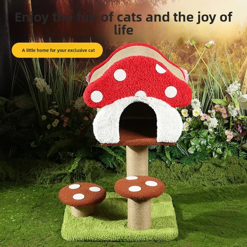 Cat nest scratching frame integrated jumping platform pet scratching column cute red mushroom house cat supplies