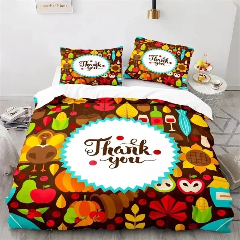 Set di Biancheria da Letto con Motivo Cartone Animato Zucca e Tacchino per il Giorno del Ringraziamento, Copripiumino e Federe per Bambini e Adulti, Misure Singola e Matrimoniale