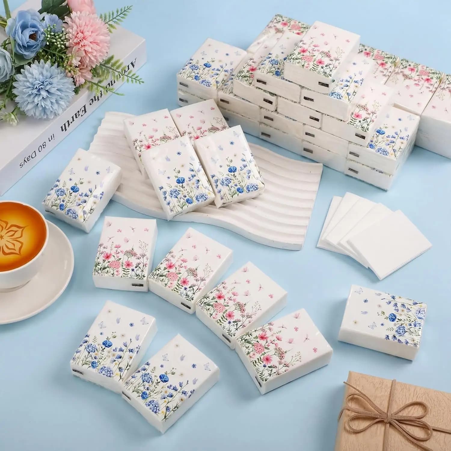 Fazzoletti da Viso Wildflower in Confezione Grande, Rosa e Blu, Fazzoletti Tascabili Wildflower, Formato Piccolo, Confezioni da Viaggio Individuali, Carta a 3 Veli per la Primavera