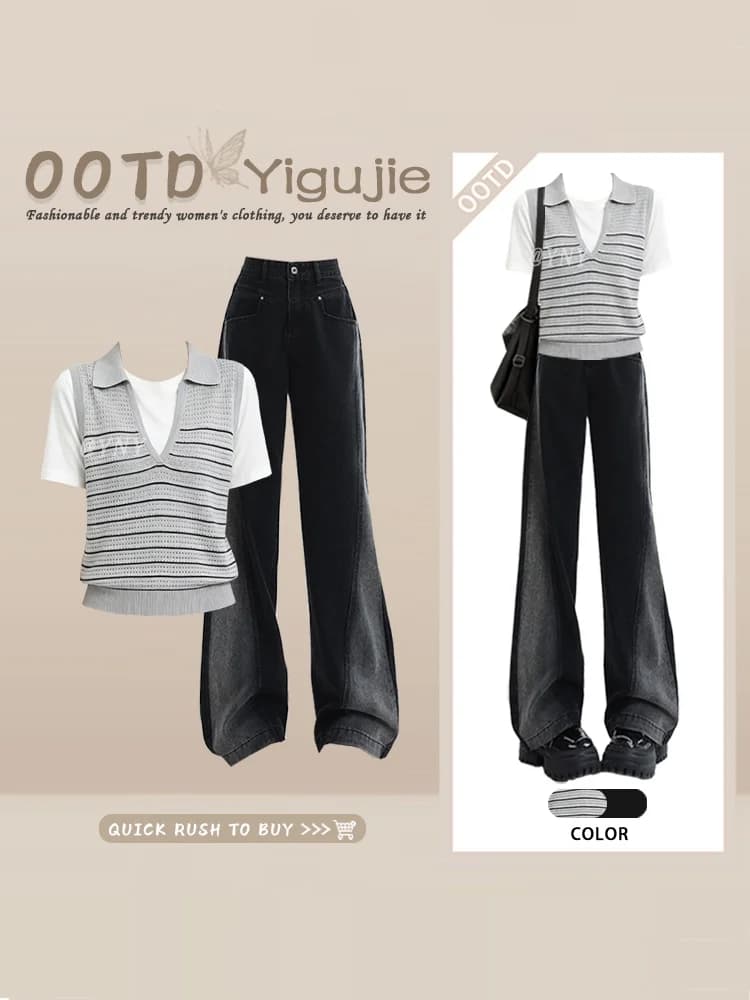 Korean Style High Waist Denim Shorts Sleeveless Striped Vest Summer Three Piece Set Casual Daily Commute Fashion Women