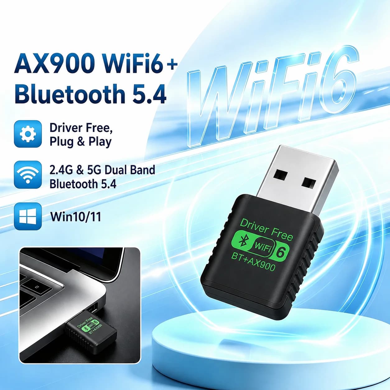 WiFi6 Network Card AX900 Bluetooth5.4 2in1 USB Adapter Dual Band 2.4G/5G Driver Free Plug&Play Wireless WiFi Dongle for Win10 Wi