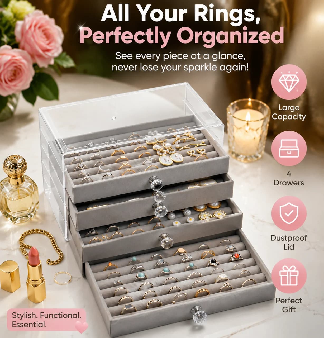 Jewelry Box Organizer for Women Large Capacity 5 Drawer Jewelry Storage Case with Glass Lid Lockable Travel Jewelry Organizer Box for Rings Earrings Necklaces Bracelets Watch Display Holder Gift for Girls Women