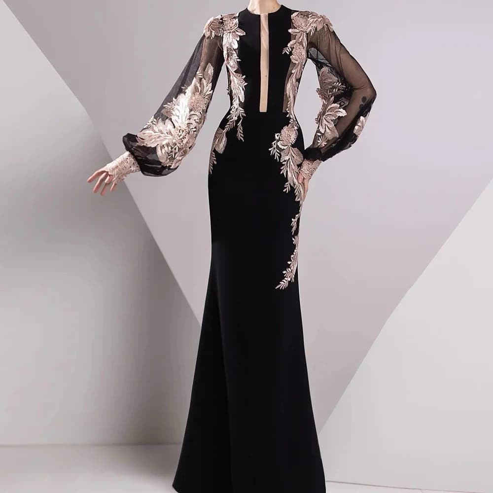 Abiti da sera a trapezio personalizzati Abito da ballo a maniche lunghe con scollo a O lungo fino al pavimento Fiori di moda Abito da festa squisito drappeggiato semplice