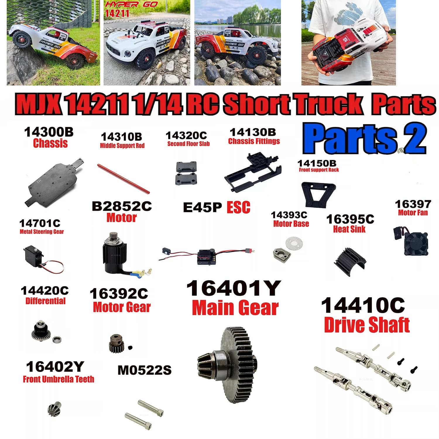 MJX 14211 1/14 RC Camion corto Parti di aggiornamento Telaio Servomotore in metallo Ingranaggio ESC Differenziale Secondo piano Fuoristrada Parte 2