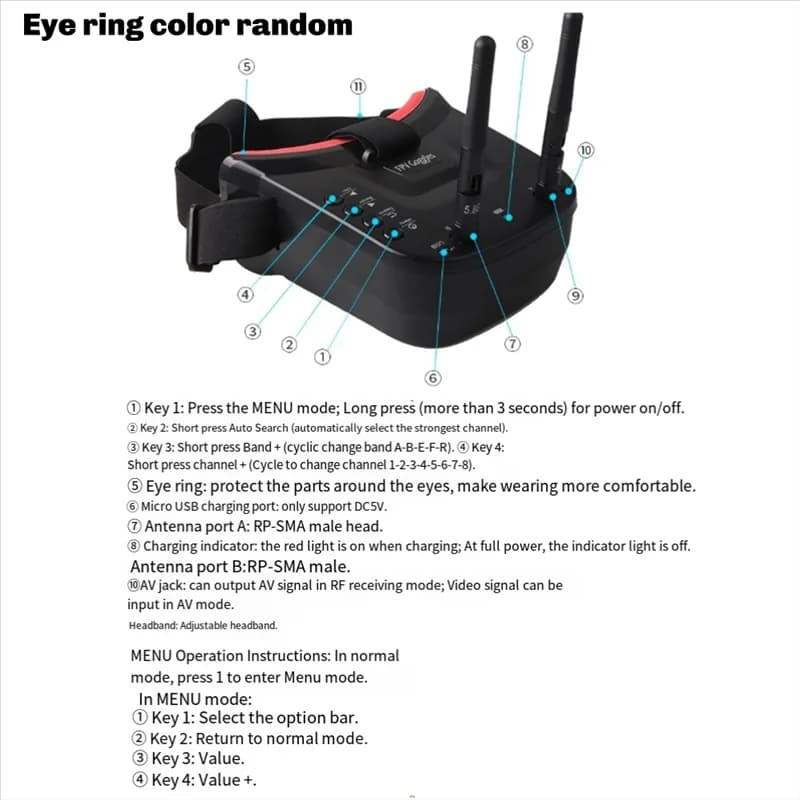A33T-VR009 Occhiali FPV 5.8G con display DVR HD da 40 canali, 3 pollici 480X320 per droni con fotocamera e hobby RC
