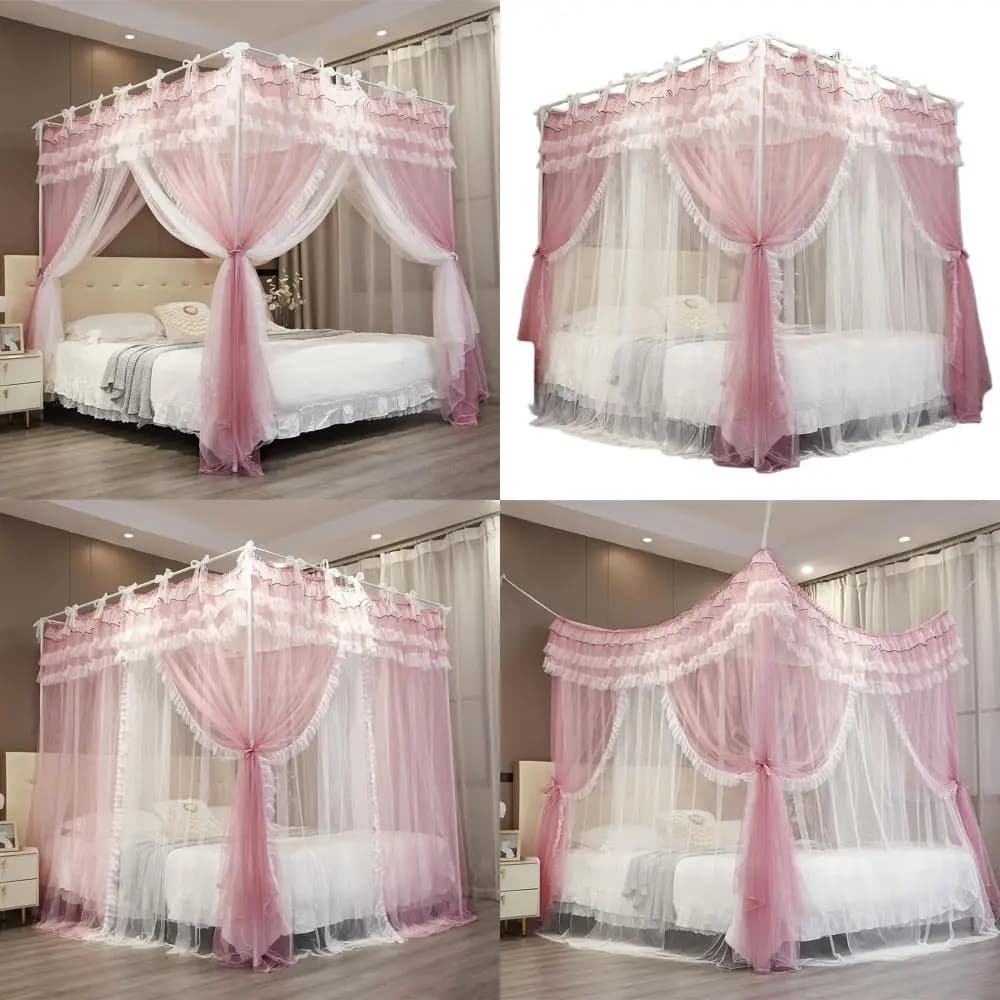 Double layer canopy curtain for princesses with lace volant and 4 corner poles, pink/white, double mosquito net for girls' room