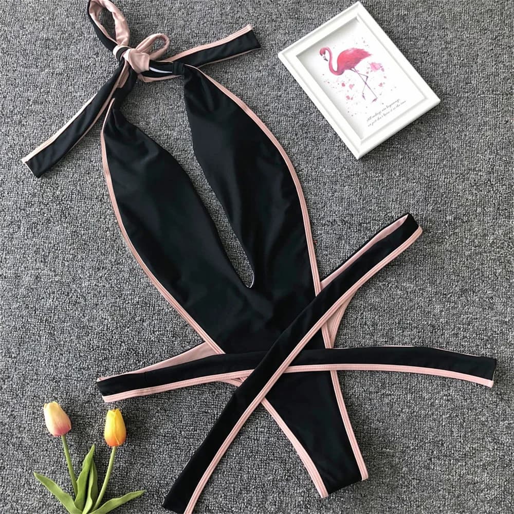Sexy Bandage Bikini High Cut Extrem Monokini Deep-V Backless Swimsuit Halter Push Up Swimwear Women Beach Outfit Vacation Outfit