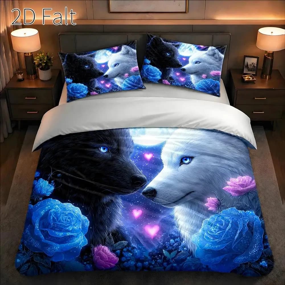 3Pcs Duvet Cover Set, 1Pc Duvet Cover and 2Pcs Pillowcases (Filling Not Included) 2D Flat Printing, Black and White Wolf Pack