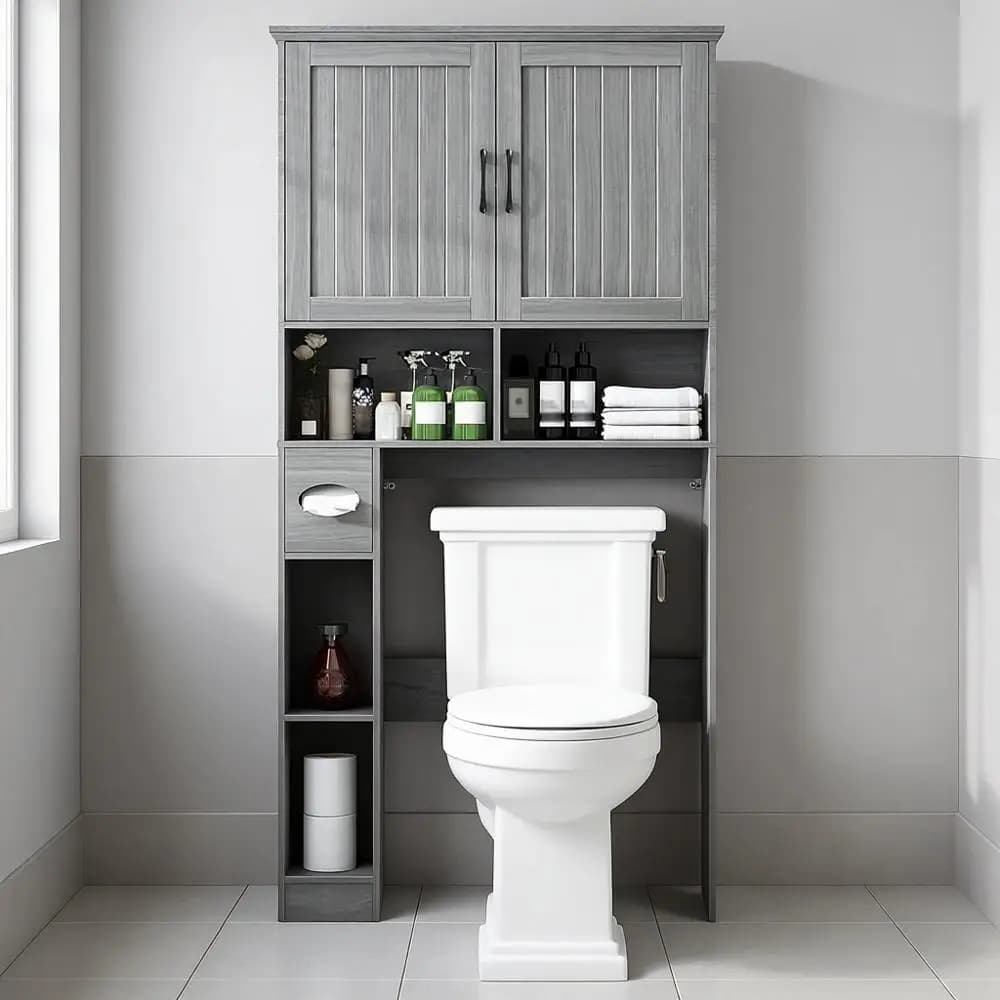 Mobiletto Salvaspazio per Bagno con Porta Scorrevole e Portarotolo, Ideale per Bagno, Toilette, Lavanderia in Grigio Lavato