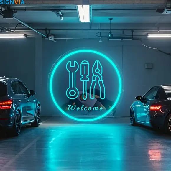 Strumento di riparazione garage personalizzato Insegna al neon Alimentato tramite USB Interruttore della luce da parete a LED Controllo inciso Lettering Decor per negozi di hardware Regalo