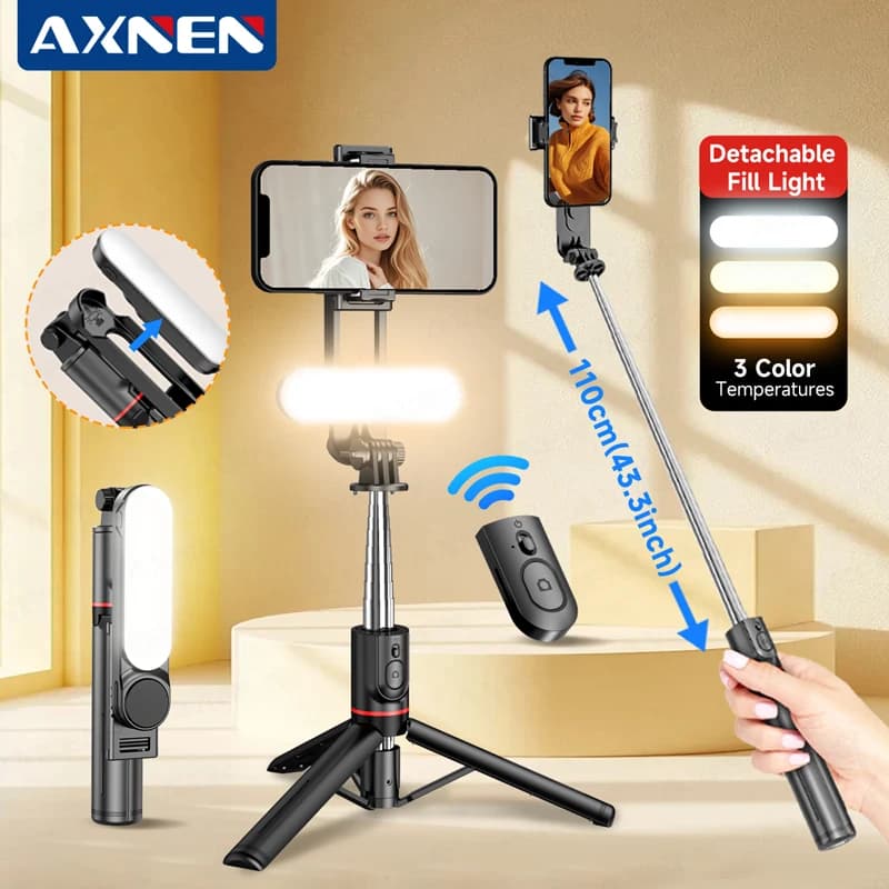 AXNEN L15 Bastone Selfie Wireless con Treppiede Pieghevole e Luce LED per Smartphone, Riprese Stabili, Portatile da Viaggio