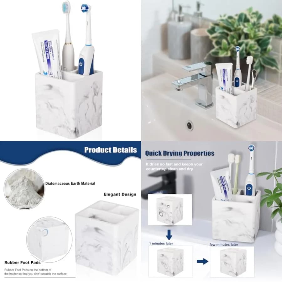 Portaspazzolini in Diatomite per Bagno, Porta Spazzolino Elettrico e Dentifricio con 3 Scomparti, Organizzatore per Spazzolini da Bagno