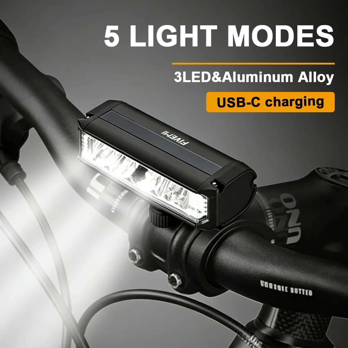 Luce per Bicicletta a 5 Modalità, 3 LED, Supporto Anteriore in Lega di Alluminio, Funzione Luce Diurna, Luce per Mountain Bike, Illuminazione per Bicicletta