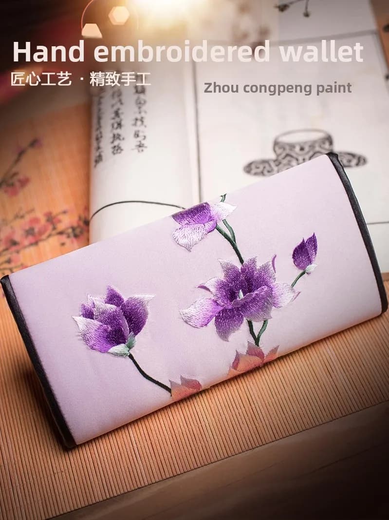Elegant National Style Silk Embroidery Wallet Evening Outgoing Dinner Long Wallet for Women with Plant Floral Patterns