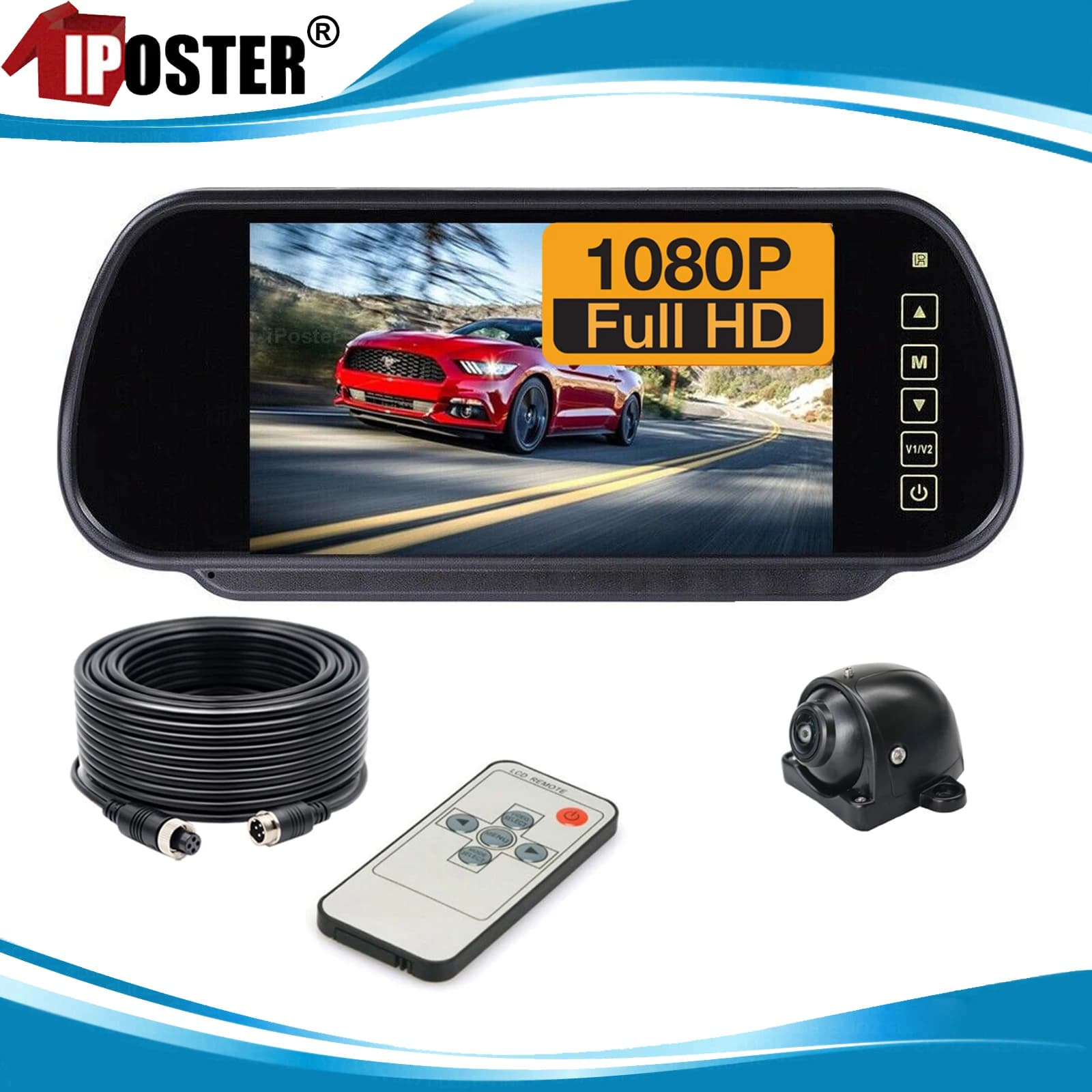 Monitor per auto iPoster 7" IPS AHD con schermo da 7 pollici, 4PIN Mini 1080P 180° ° Telecamera di retromarcia AHD con visione notturna 12-36v per roulotte
