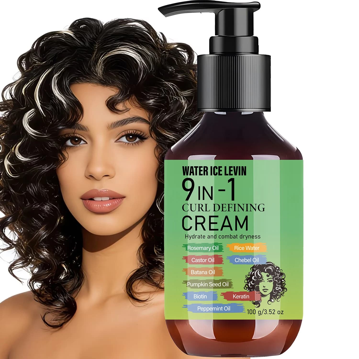 Curl Defining Cream with Biotin & Keratin – 9 in 1 Moisturizing Curl Cream with Rosemary Oil & Rice Water, Frizz Control